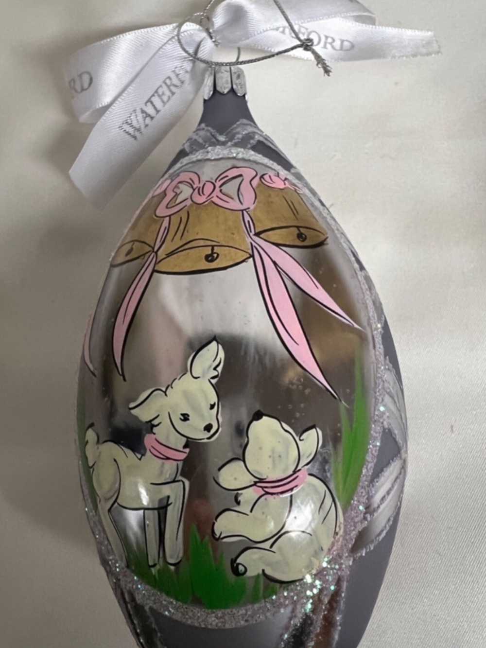 WATERFORD HEIRLOOMS ORNAMENT LARGE TEARDROP WITH PLAYING LAMBS/BELLS RETIRED